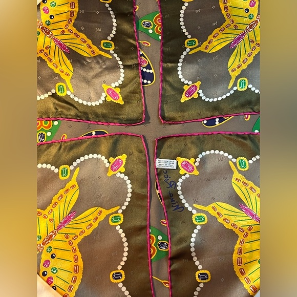 Vtg Nina Ricci Silk Scarf Jeweled Butterflies Hand rolled Monogram? 34x34